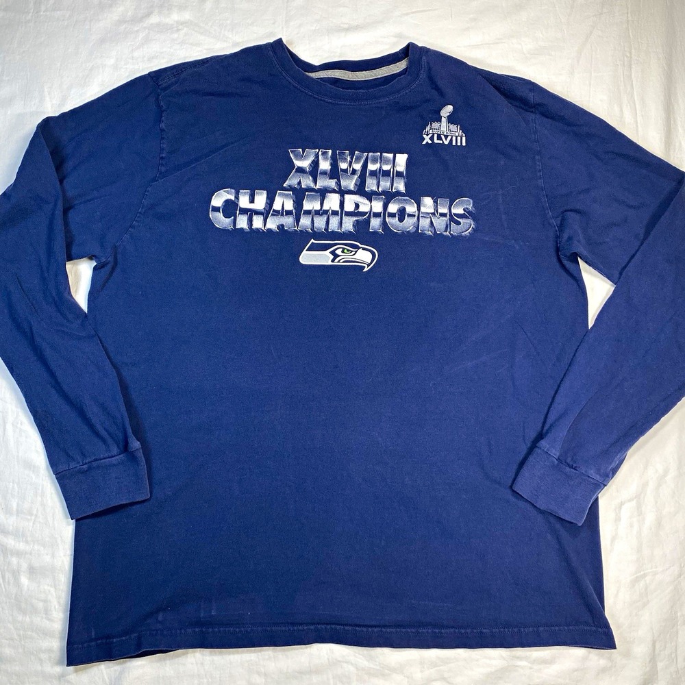 Nike Seattle Seahawks Super Bowl XLVIII Champions Blue Long Sleeve Shirt XL